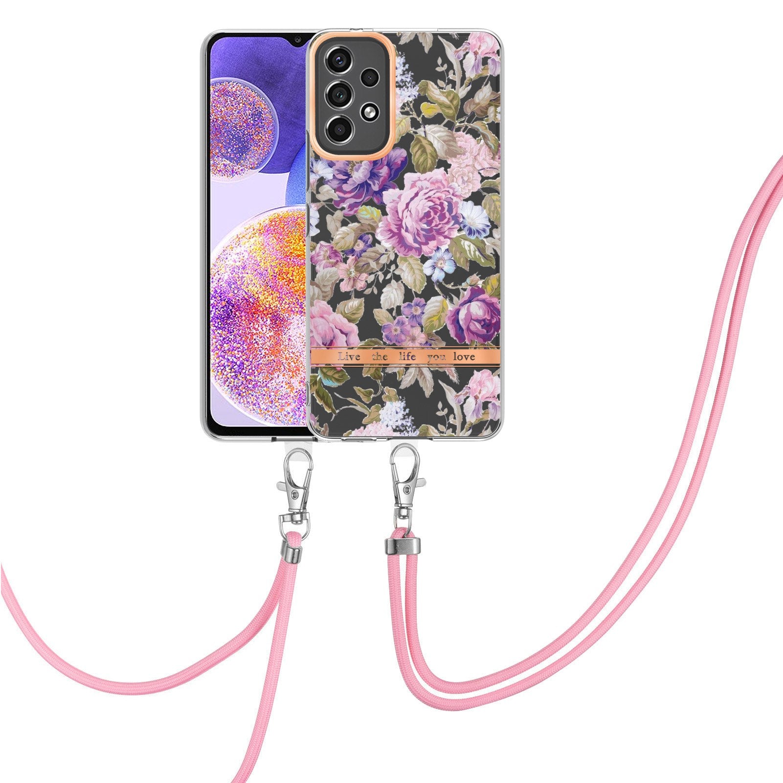 YB IMD-11 Series Phone Case for Samsung Galaxy A23 4G (165.4 x 76.9 x 8.4mm), Soft TPU IMD Anti-wear Stylish Flower Pattern Electroplating Cover with Lanyard