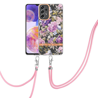 YB IMD-11 Series Phone Case for Samsung Galaxy A23 4G (165.4 x 76.9 x 8.4mm), Soft TPU IMD Anti-wear Stylish Flower Pattern Electroplating Cover with Lanyard