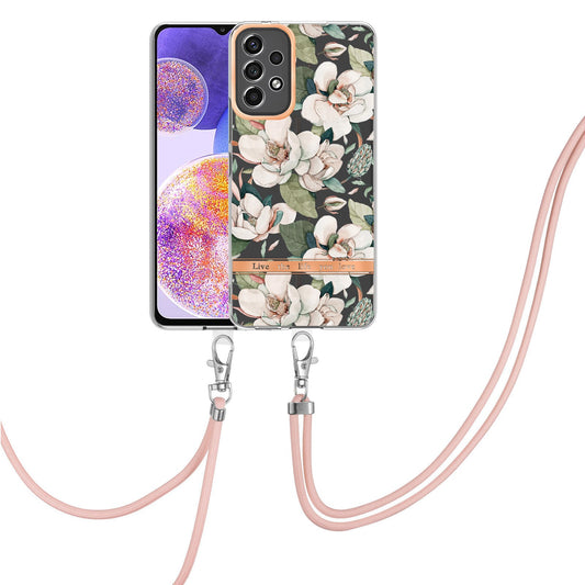 YB IMD-11 Series Phone Case for Samsung Galaxy A23 4G (165.4 x 76.9 x 8.4mm), Soft TPU IMD Anti-wear Stylish Flower Pattern Electroplating Cover with Lanyard
