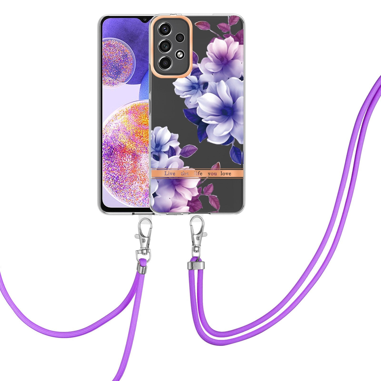 YB IMD-11 Series Phone Case for Samsung Galaxy A23 4G (165.4 x 76.9 x 8.4mm), Soft TPU IMD Anti-wear Stylish Flower Pattern Electroplating Cover with Lanyard