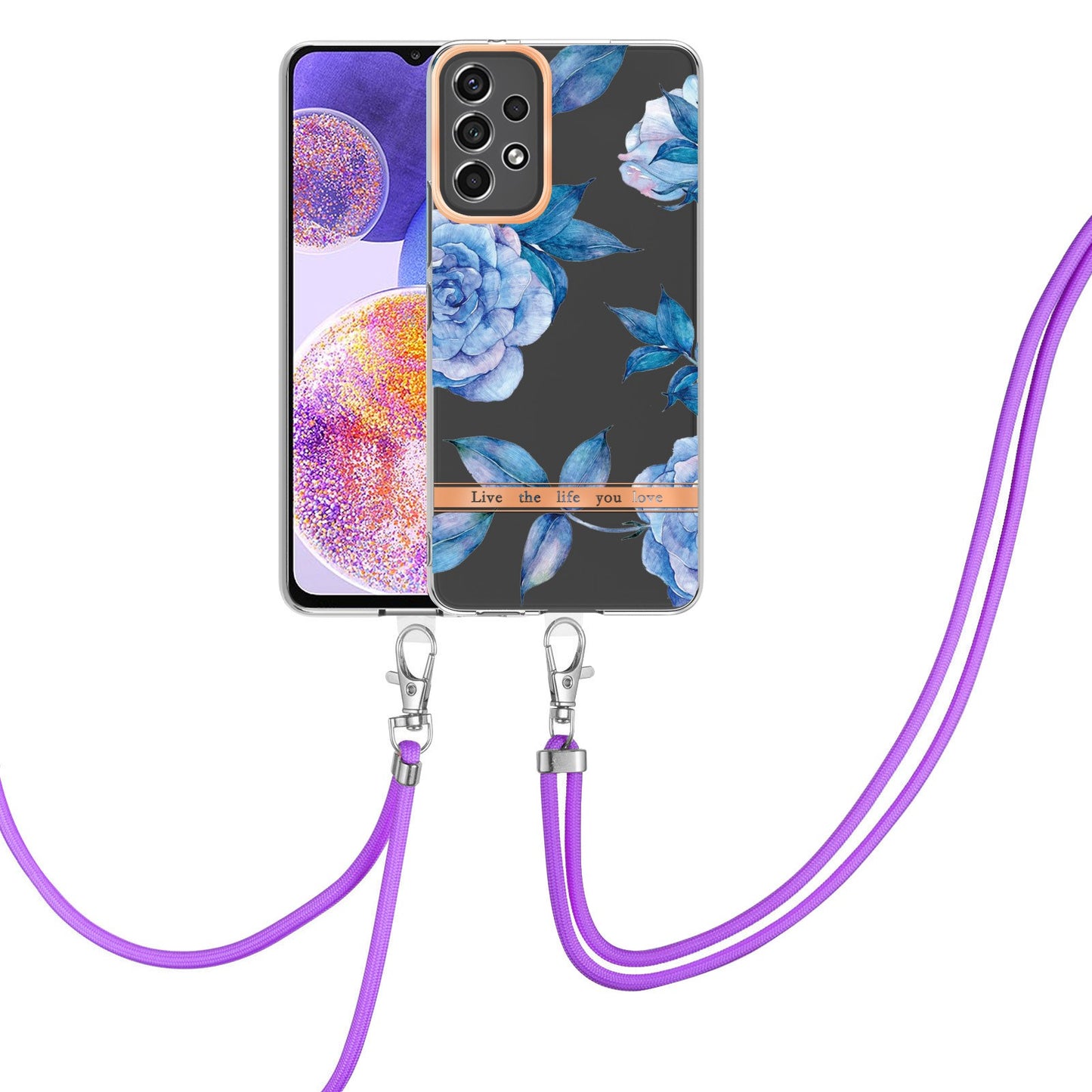 YB IMD-11 Series Phone Case for Samsung Galaxy A23 4G (165.4 x 76.9 x 8.4mm), Soft TPU IMD Anti-wear Stylish Flower Pattern Electroplating Cover with Lanyard