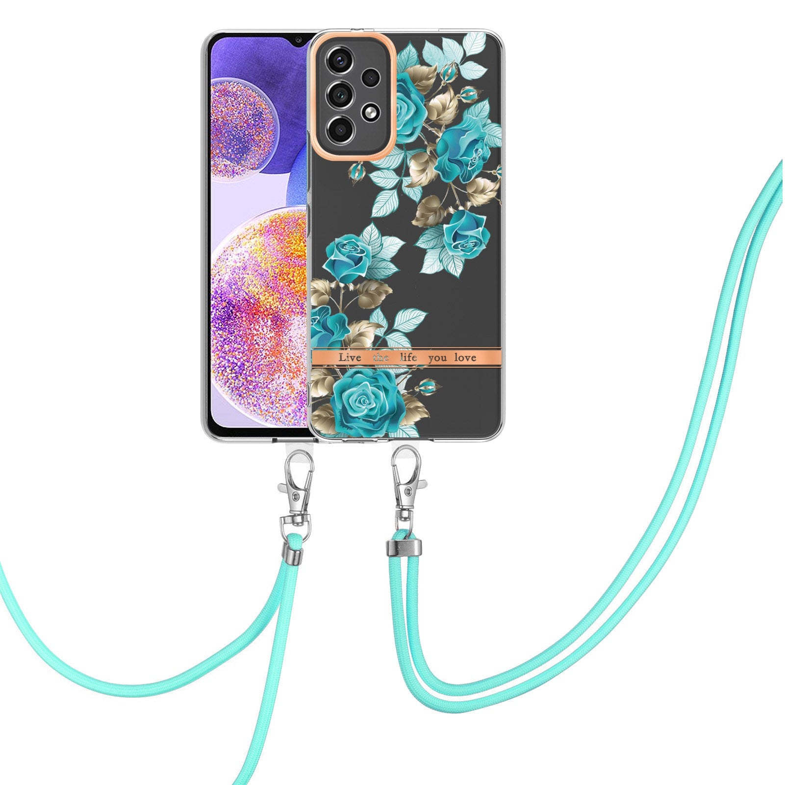 YB IMD-11 Series Phone Case for Samsung Galaxy A23 4G (165.4 x 76.9 x 8.4mm), Soft TPU IMD Anti-wear Stylish Flower Pattern Electroplating Cover with Lanyard