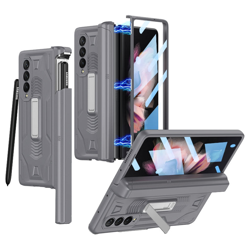 GKK Hard PC Kickstand Phone Case for Samsung Galaxy Z Fold3 5G, Slide Pen Slot Magnetic Absorption Cover with Tempered Glass Film