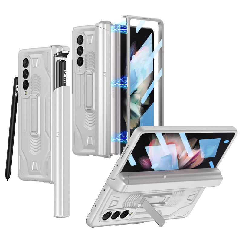 GKK Hard PC Kickstand Phone Case for Samsung Galaxy Z Fold3 5G, Slide Pen Slot Magnetic Absorption Cover with Tempered Glass Film