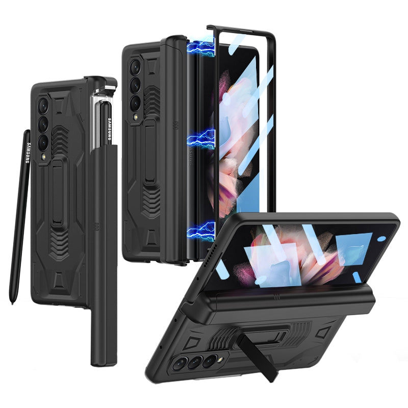 GKK Hard PC Kickstand Phone Case for Samsung Galaxy Z Fold3 5G, Slide Pen Slot Magnetic Absorption Cover with Tempered Glass Film