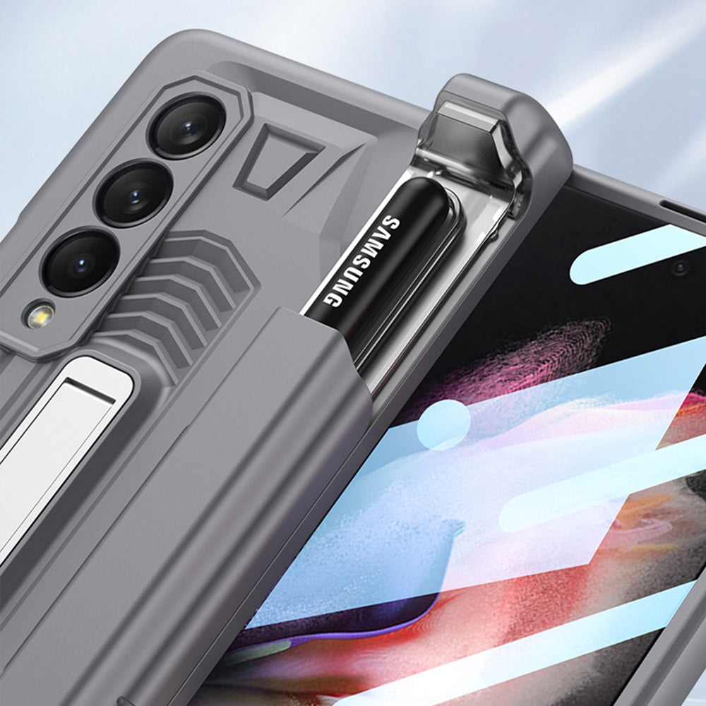 GKK Hard PC Kickstand Phone Case for Samsung Galaxy Z Fold3 5G, Slide Pen Slot Magnetic Absorption Cover with Tempered Glass Film