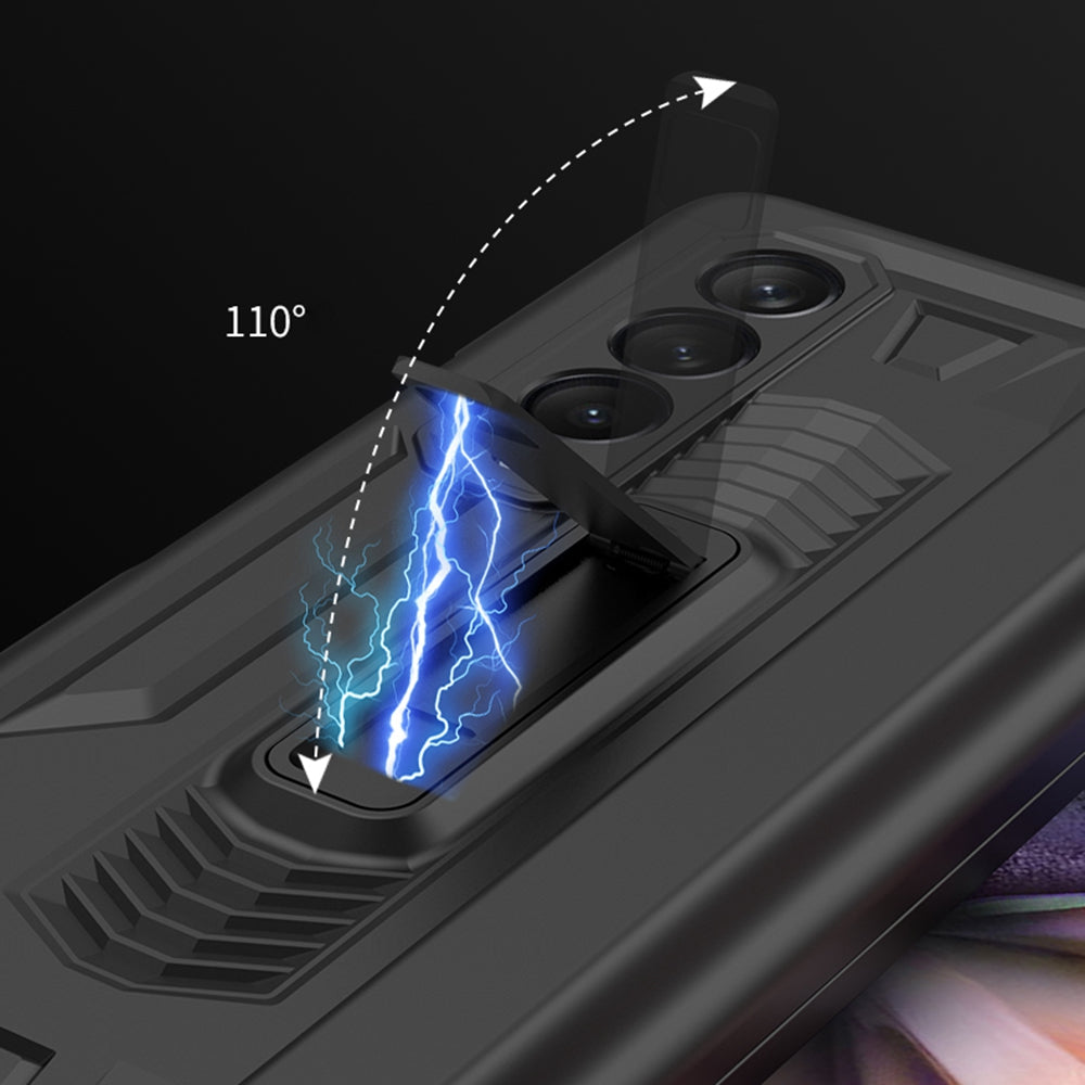 GKK Hard PC Kickstand Phone Case for Samsung Galaxy Z Fold3 5G, Slide Pen Slot Magnetic Absorption Cover with Tempered Glass Film