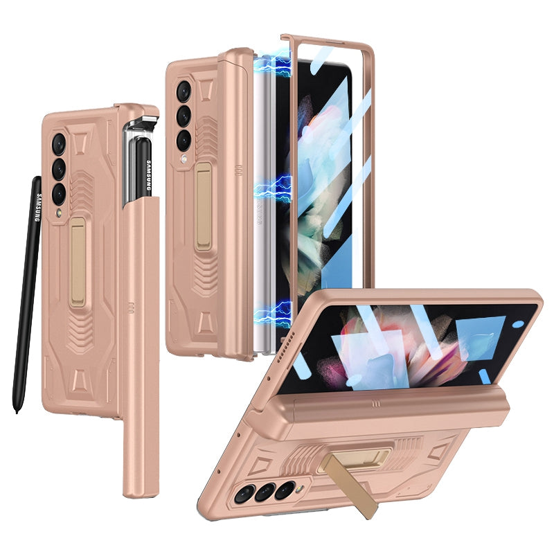 GKK Hard PC Kickstand Phone Case for Samsung Galaxy Z Fold3 5G, Slide Pen Slot Magnetic Absorption Cover with Tempered Glass Film