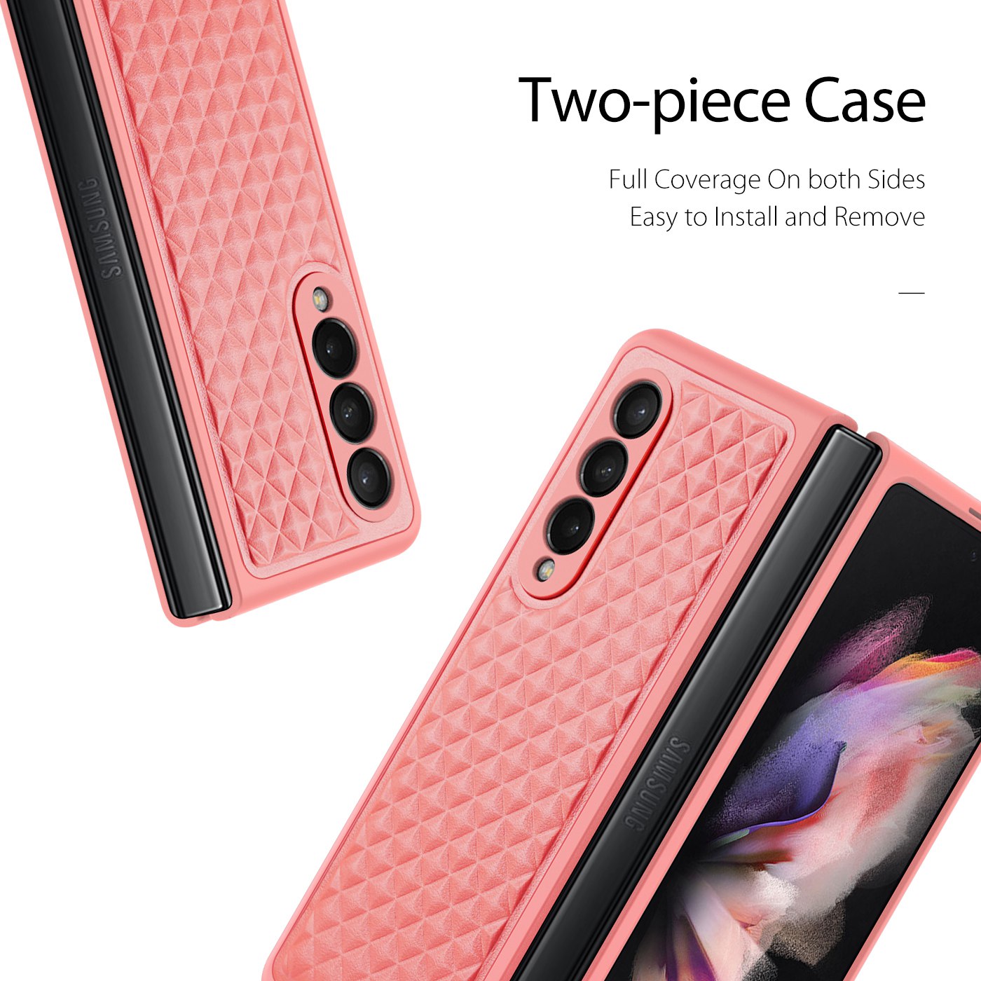 DUX DUCIS Venice Series for Samsung Galaxy Z Fold3 5G Rhombic Grid Texture Case Genuine Leather Coated Drop Protection Hard PC Folding Phone Cover