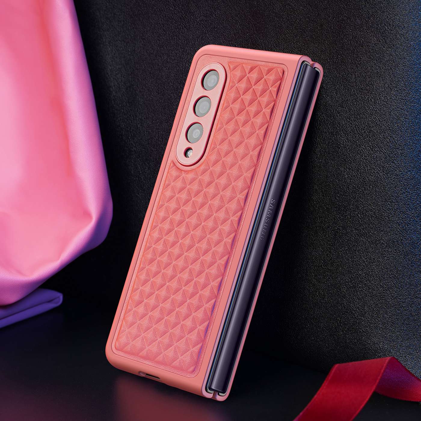 DUX DUCIS Venice Series for Samsung Galaxy Z Fold3 5G Rhombic Grid Texture Case Genuine Leather Coated Drop Protection Hard PC Folding Phone Cover