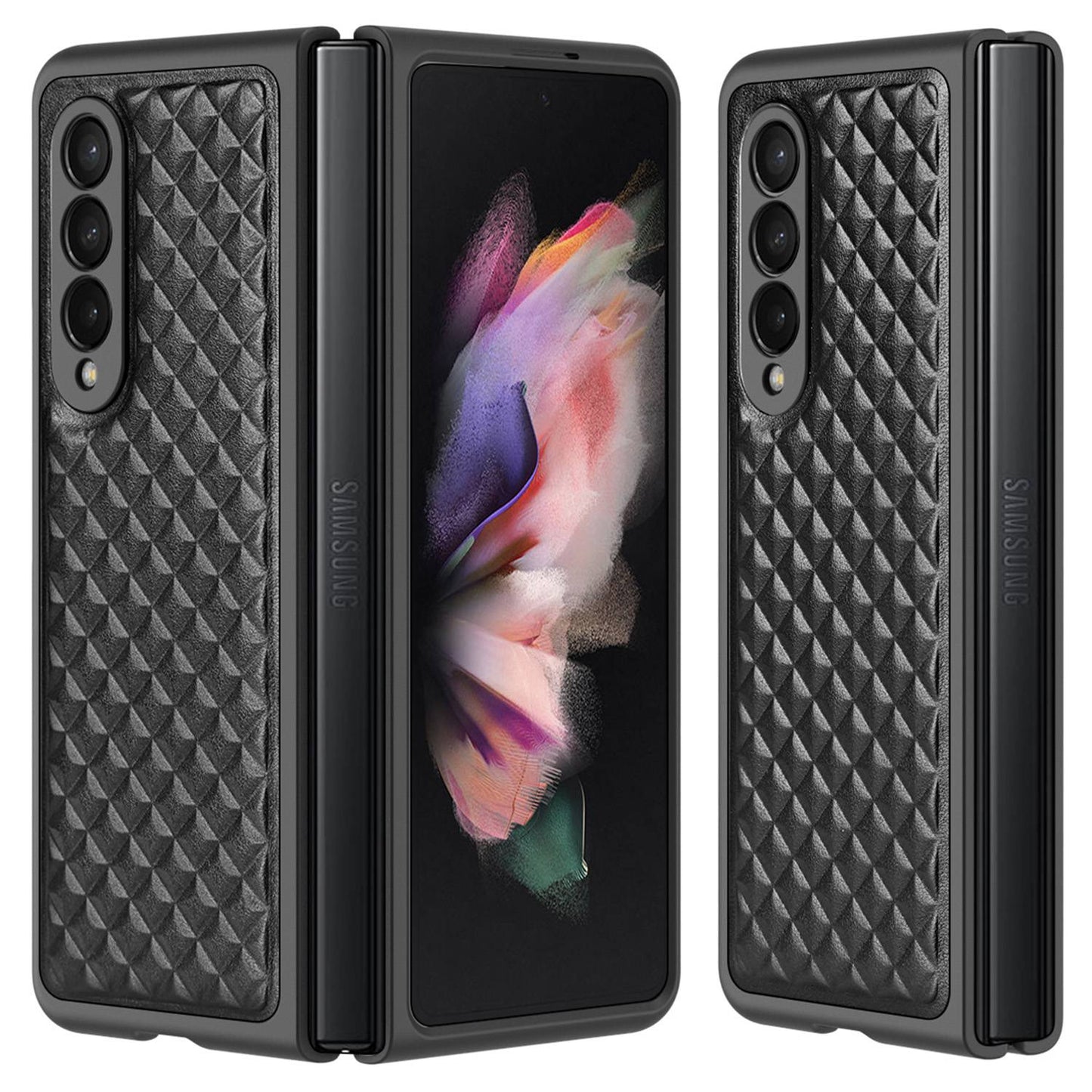 DUX DUCIS Venice Series for Samsung Galaxy Z Fold3 5G Rhombic Grid Texture Case Genuine Leather Coated Drop Protection Hard PC Folding Phone Cover