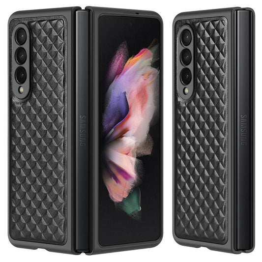 DUX DUCIS Venice Series for Samsung Galaxy Z Fold3 5G Rhombic Grid Texture Case Genuine Leather Coated Drop Protection Hard PC Folding Phone Cover