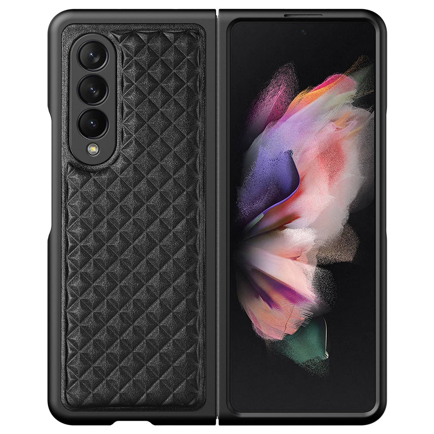 DUX DUCIS Venice Series for Samsung Galaxy Z Fold3 5G Rhombic Grid Texture Case Genuine Leather Coated Drop Protection Hard PC Folding Phone Cover