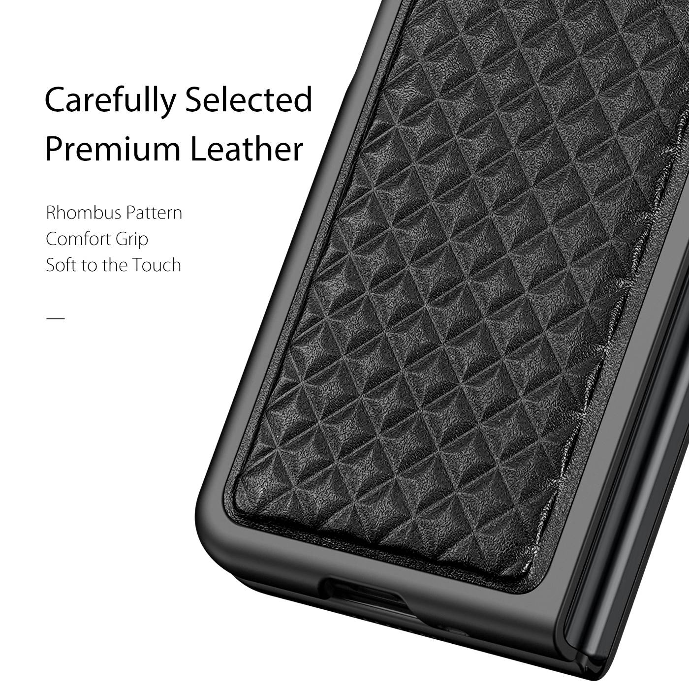 DUX DUCIS Venice Series for Samsung Galaxy Z Fold3 5G Rhombic Grid Texture Case Genuine Leather Coated Drop Protection Hard PC Folding Phone Cover