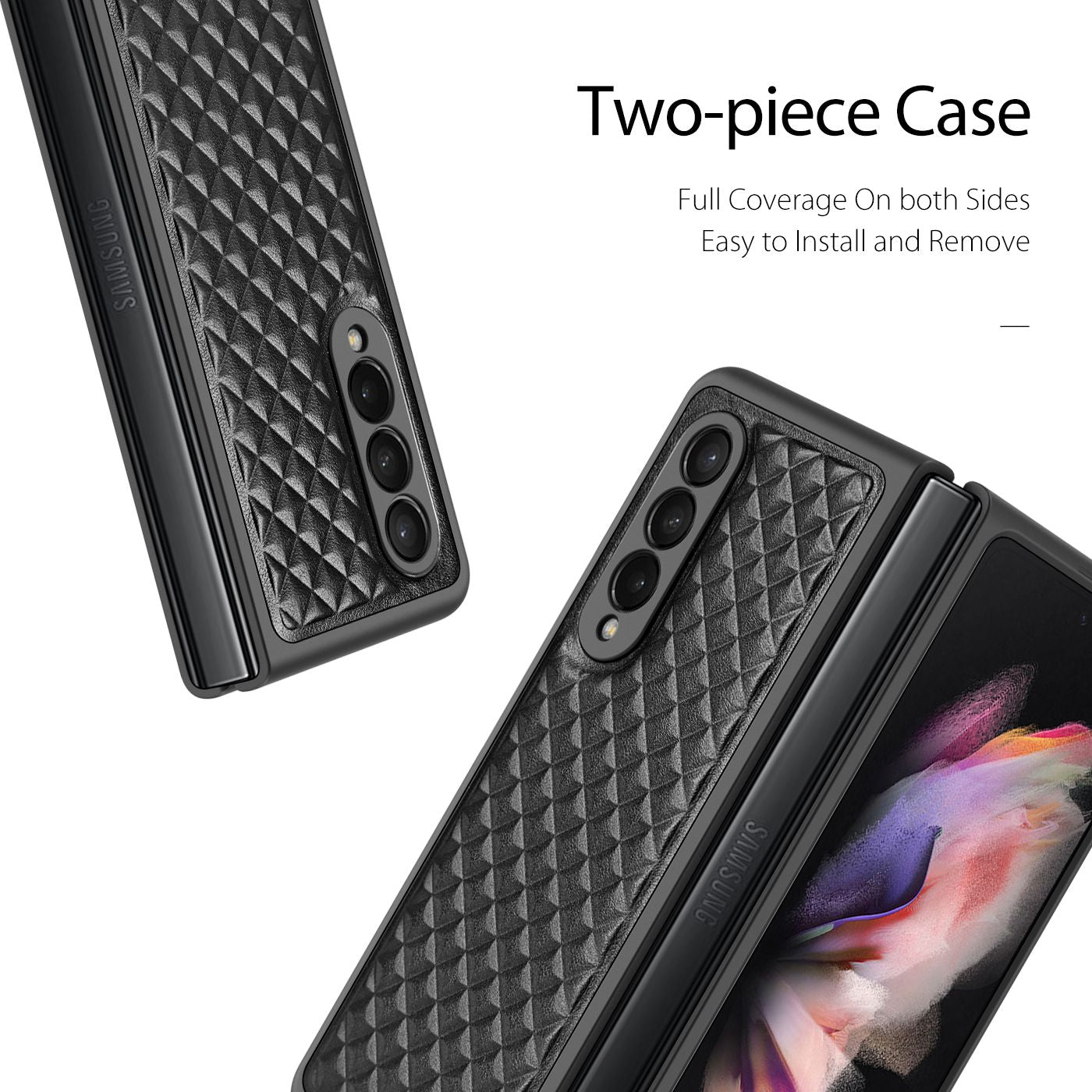 DUX DUCIS Venice Series for Samsung Galaxy Z Fold3 5G Rhombic Grid Texture Case Genuine Leather Coated Drop Protection Hard PC Folding Phone Cover