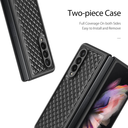 DUX DUCIS Venice Series for Samsung Galaxy Z Fold3 5G Rhombic Grid Texture Case Genuine Leather Coated Drop Protection Hard PC Folding Phone Cover