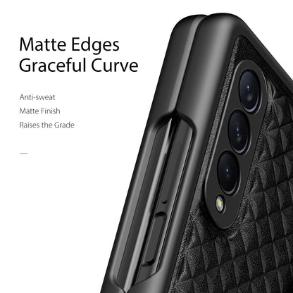 DUX DUCIS Venice Series for Samsung Galaxy Z Fold3 5G Rhombic Grid Texture Case Genuine Leather Coated Drop Protection Hard PC Folding Phone Cover
