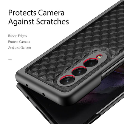 DUX DUCIS Venice Series for Samsung Galaxy Z Fold3 5G Rhombic Grid Texture Case Genuine Leather Coated Drop Protection Hard PC Folding Phone Cover