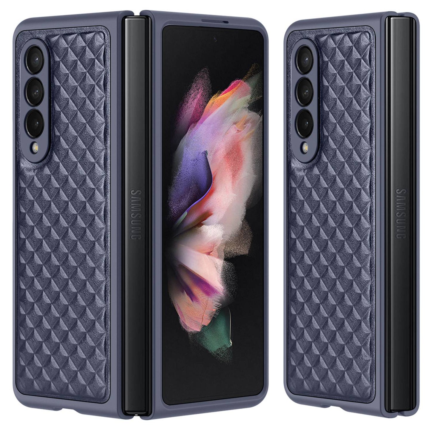 DUX DUCIS Venice Series for Samsung Galaxy Z Fold3 5G Rhombic Grid Texture Case Genuine Leather Coated Drop Protection Hard PC Folding Phone Cover