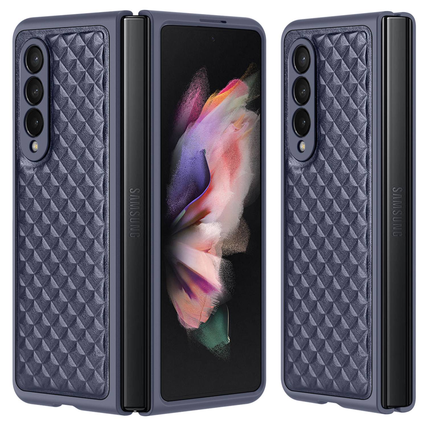 DUX DUCIS Venice Series for Samsung Galaxy Z Fold3 5G Rhombic Grid Texture Case Genuine Leather Coated Drop Protection Hard PC Folding Phone Cover