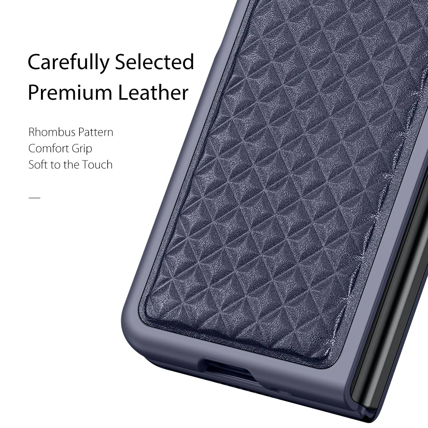 DUX DUCIS Venice Series for Samsung Galaxy Z Fold3 5G Rhombic Grid Texture Case Genuine Leather Coated Drop Protection Hard PC Folding Phone Cover