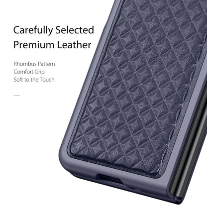 DUX DUCIS Venice Series for Samsung Galaxy Z Fold3 5G Rhombic Grid Texture Case Genuine Leather Coated Drop Protection Hard PC Folding Phone Cover