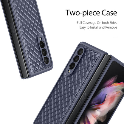 DUX DUCIS Venice Series for Samsung Galaxy Z Fold3 5G Rhombic Grid Texture Case Genuine Leather Coated Drop Protection Hard PC Folding Phone Cover