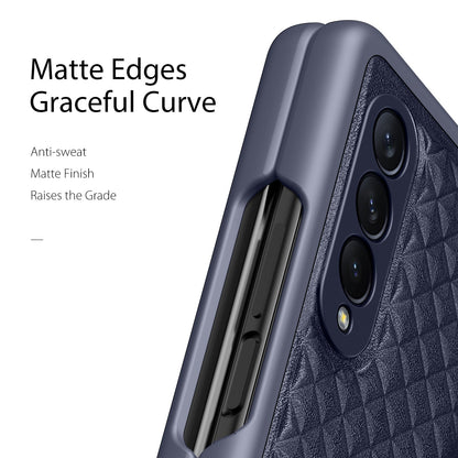 DUX DUCIS Venice Series for Samsung Galaxy Z Fold3 5G Rhombic Grid Texture Case Genuine Leather Coated Drop Protection Hard PC Folding Phone Cover