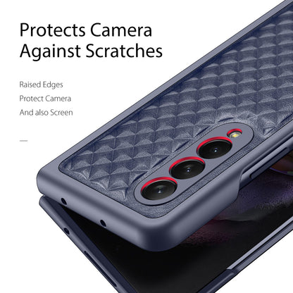 DUX DUCIS Venice Series for Samsung Galaxy Z Fold3 5G Rhombic Grid Texture Case Genuine Leather Coated Drop Protection Hard PC Folding Phone Cover