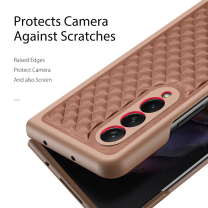 DUX DUCIS Venice Series for Samsung Galaxy Z Fold3 5G Rhombic Grid Texture Case Genuine Leather Coated Drop Protection Hard PC Folding Phone Cover