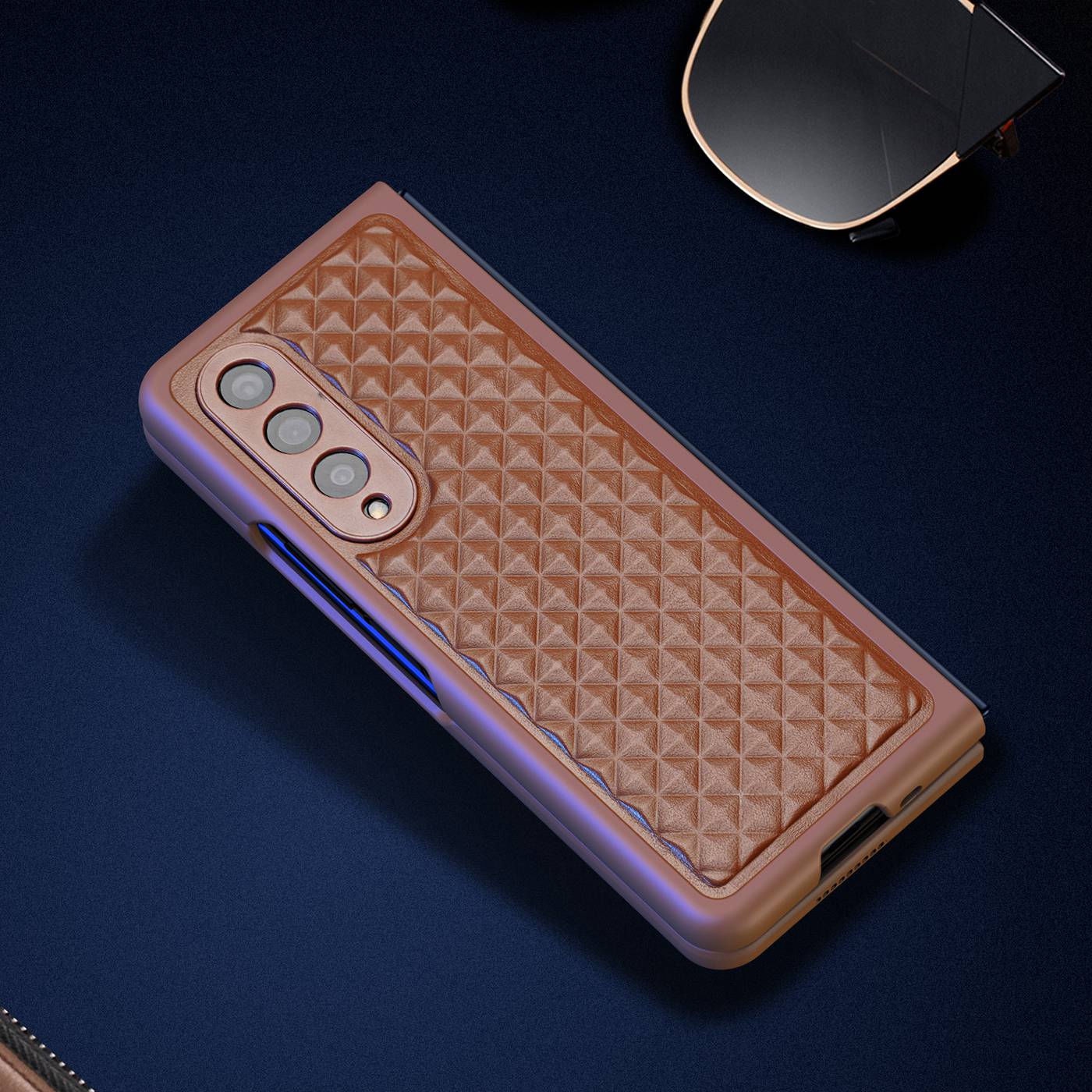 DUX DUCIS Venice Series for Samsung Galaxy Z Fold3 5G Rhombic Grid Texture Case Genuine Leather Coated Drop Protection Hard PC Folding Phone Cover