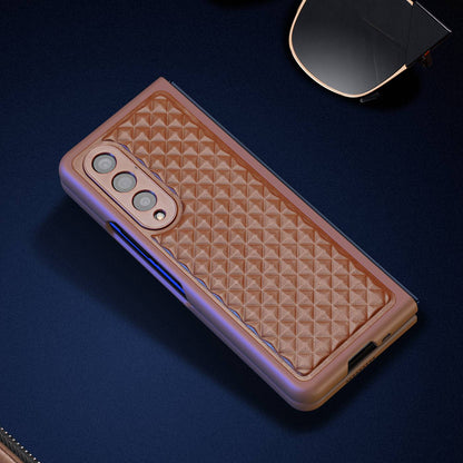 DUX DUCIS Venice Series for Samsung Galaxy Z Fold3 5G Rhombic Grid Texture Case Genuine Leather Coated Drop Protection Hard PC Folding Phone Cover