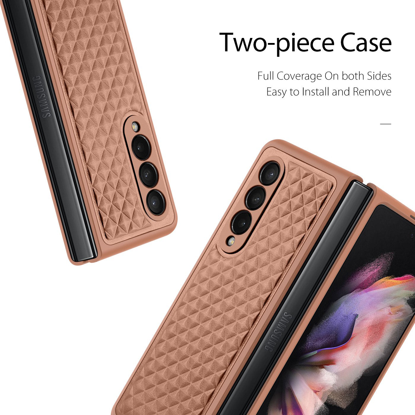 DUX DUCIS Venice Series for Samsung Galaxy Z Fold3 5G Rhombic Grid Texture Case Genuine Leather Coated Drop Protection Hard PC Folding Phone Cover