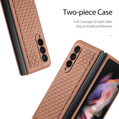 DUX DUCIS Venice Series for Samsung Galaxy Z Fold3 5G Rhombic Grid Texture Case Genuine Leather Coated Drop Protection Hard PC Folding Phone Cover