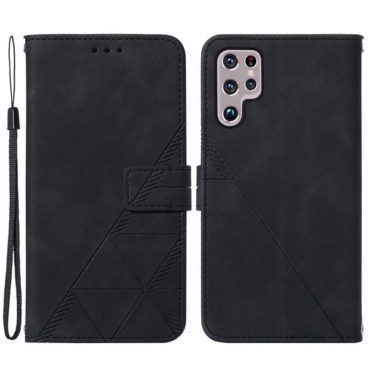 YB Imprinting Series-1 For Samsung Galaxy S23 Ultra Flip Stand Wallet Phone Case Hand Strap Business Imprinted Lines PU Leather Phone Cover