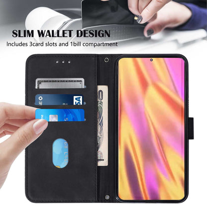 YB Imprinting Series-1 For Samsung Galaxy S23 Ultra Flip Stand Wallet Phone Case Hand Strap Business Imprinted Lines PU Leather Phone Cover