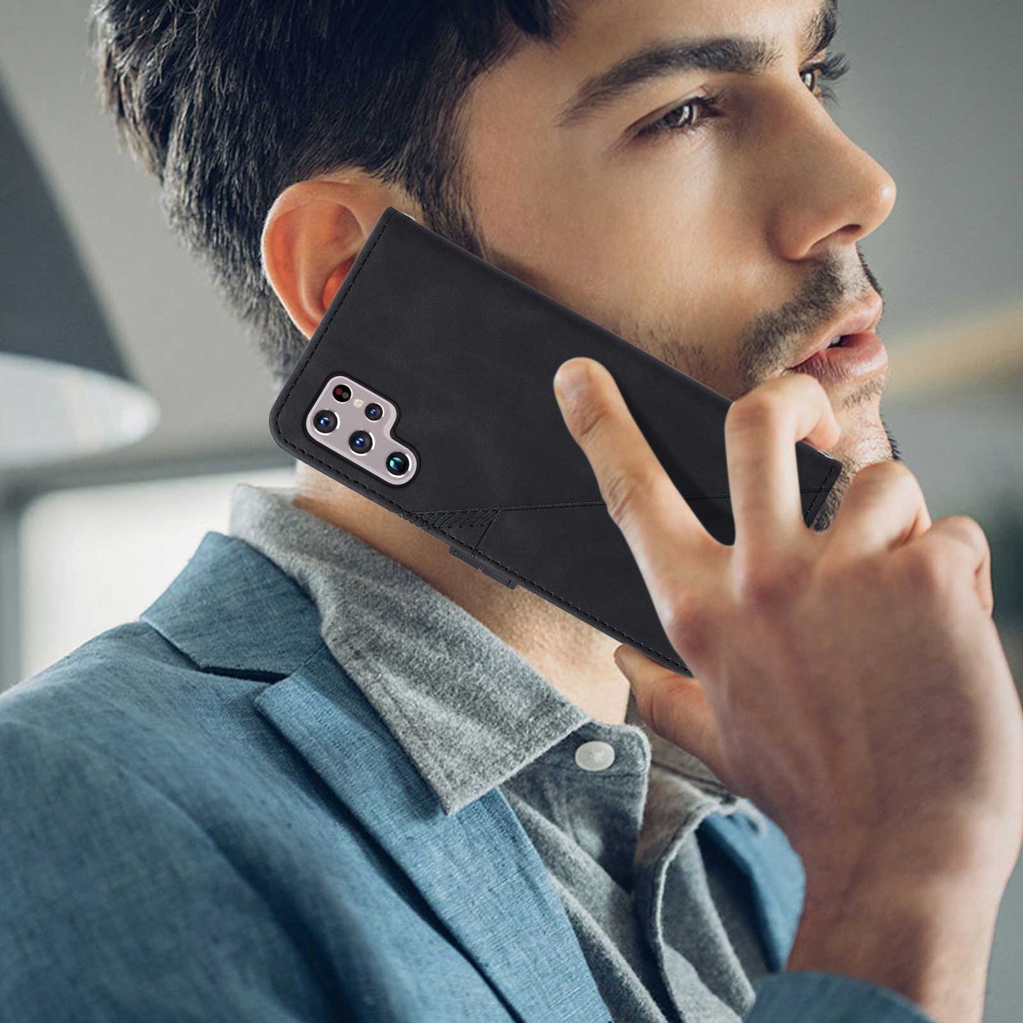 YB Imprinting Series-1 For Samsung Galaxy S23 Ultra Flip Stand Wallet Phone Case Hand Strap Business Imprinted Lines PU Leather Phone Cover