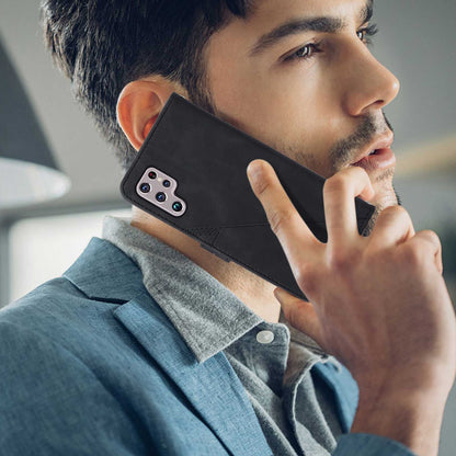 YB Imprinting Series-1 For Samsung Galaxy S23 Ultra Flip Stand Wallet Phone Case Hand Strap Business Imprinted Lines PU Leather Phone Cover