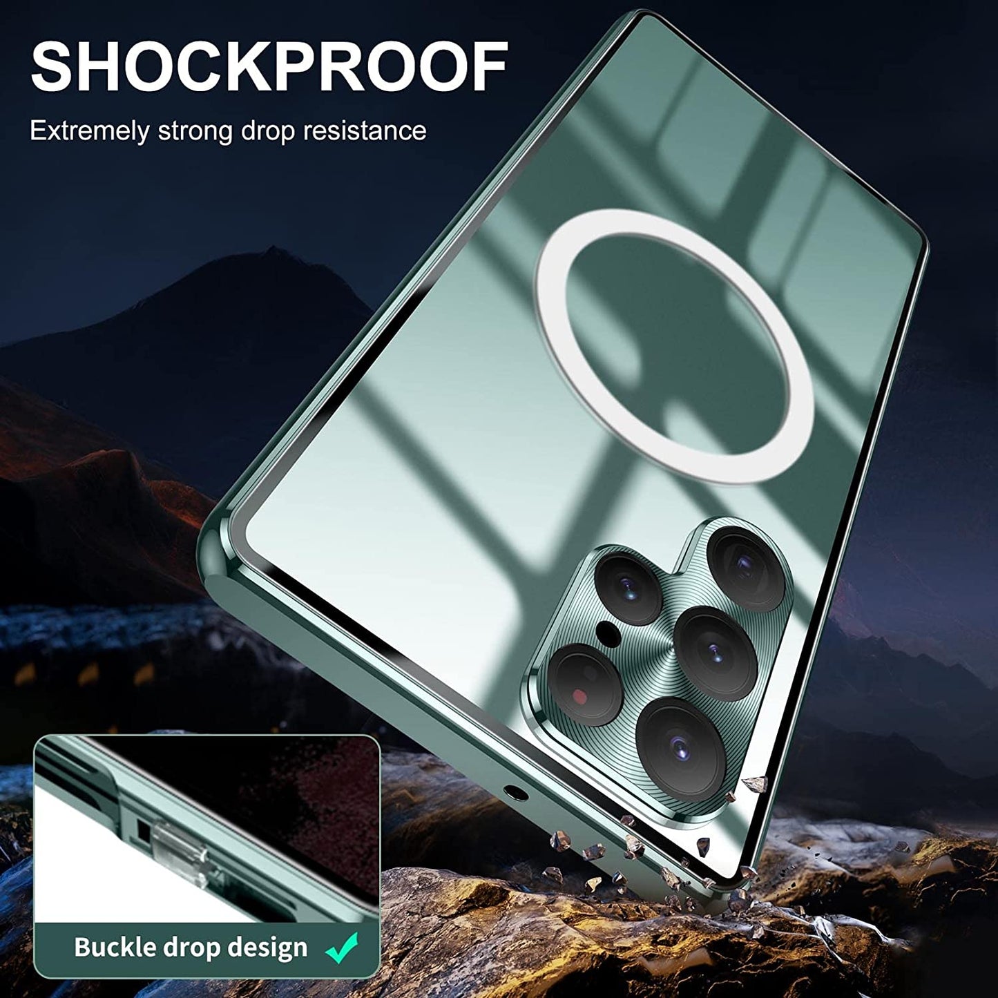 For Samsung Galaxy S22 Ultra 5G Matte PC + Metal + Tempered Glass Phone Case Magnetic Lock Full Protection Cover