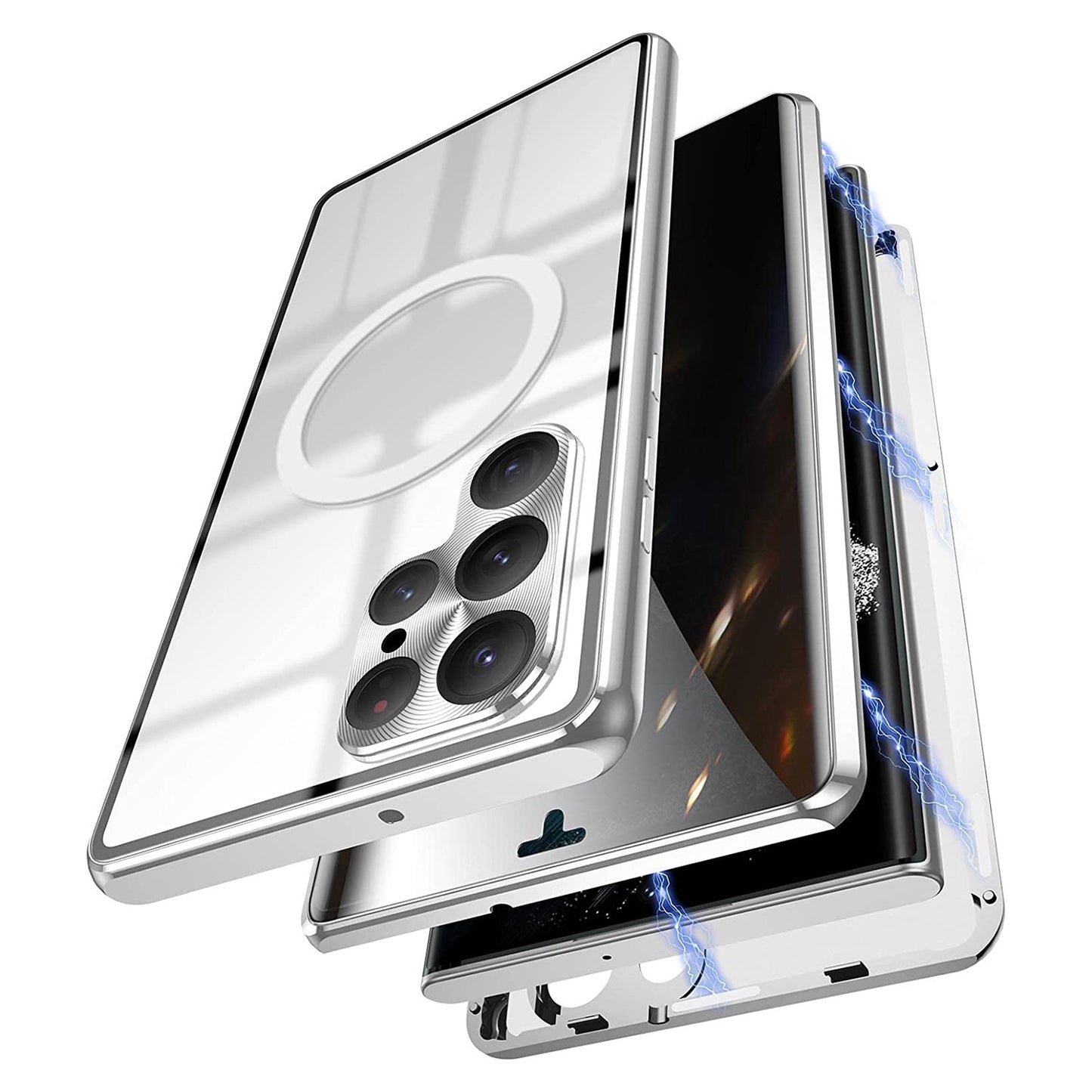 For Samsung Galaxy S22 Ultra 5G Matte PC + Metal + Tempered Glass Phone Case Magnetic Lock Full Protection Cover