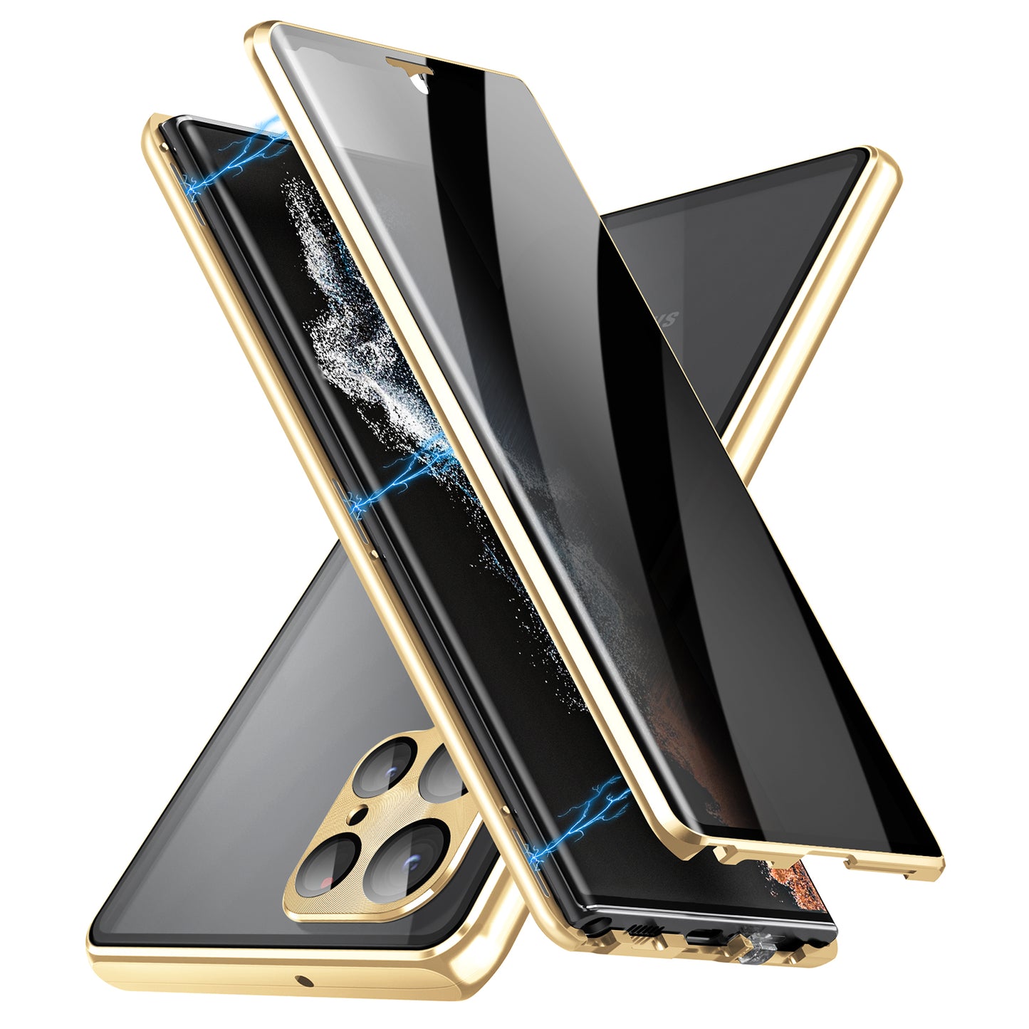 For Samsung Galaxy S23 Ultra Anti-peep Single-Sided Tempered Glass+PC Panel Anti-scratch Phone Cover with Safety Buckle and Magnetic Adsorption Metal Frame