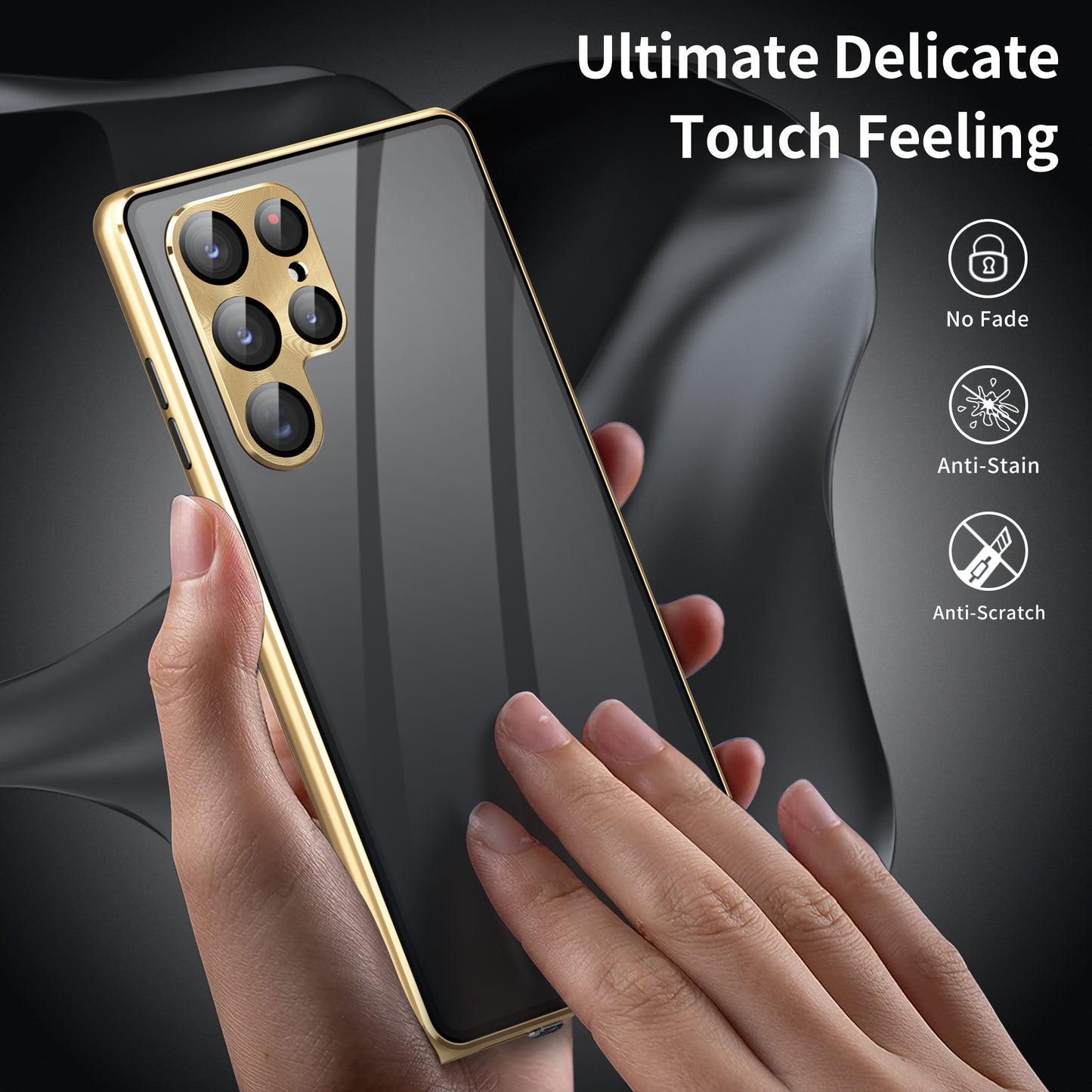 For Samsung Galaxy S23 Ultra Anti-peep Single-Sided Tempered Glass+PC Panel Anti-scratch Phone Cover with Safety Buckle and Magnetic Adsorption Metal Frame