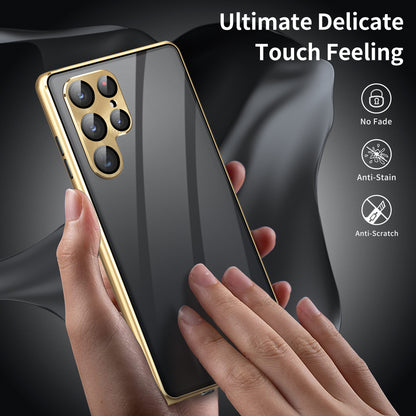 For Samsung Galaxy S23 Ultra Anti-peep Single-Sided Tempered Glass+PC Panel Anti-scratch Phone Cover with Safety Buckle and Magnetic Adsorption Metal Frame