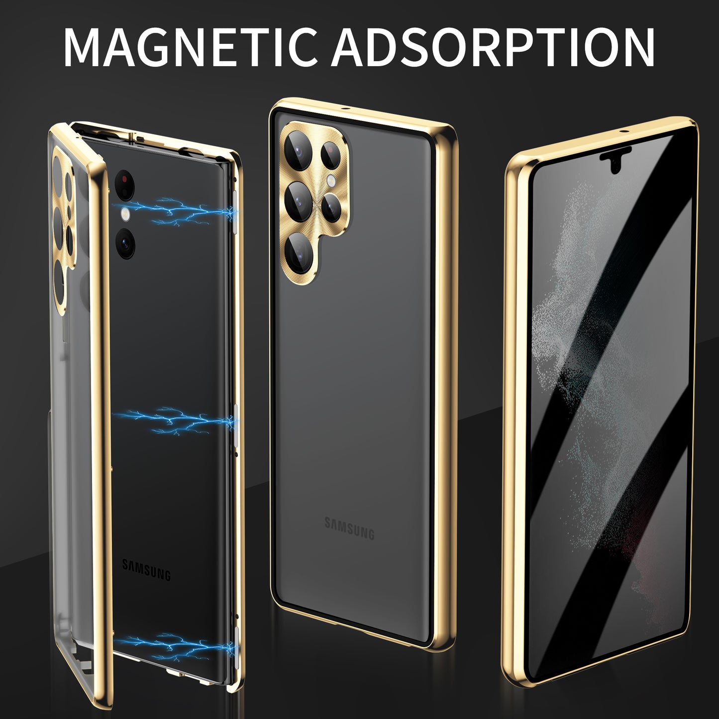 For Samsung Galaxy S23 Ultra Anti-peep Single-Sided Tempered Glass+PC Panel Anti-scratch Phone Cover with Safety Buckle and Magnetic Adsorption Metal Frame