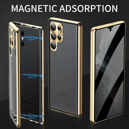 For Samsung Galaxy S23 Ultra Anti-peep Single-Sided Tempered Glass+PC Panel Anti-scratch Phone Cover with Safety Buckle and Magnetic Adsorption Metal Frame