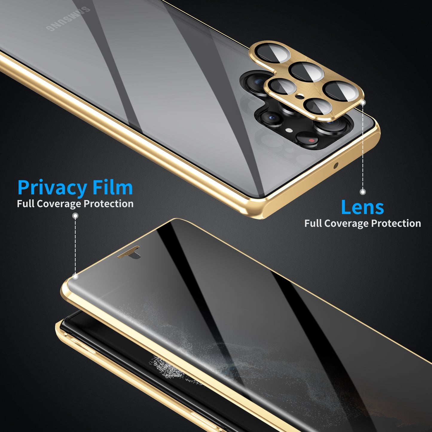 For Samsung Galaxy S23 Ultra Anti-peep Single-Sided Tempered Glass+PC Panel Anti-scratch Phone Cover with Safety Buckle and Magnetic Adsorption Metal Frame