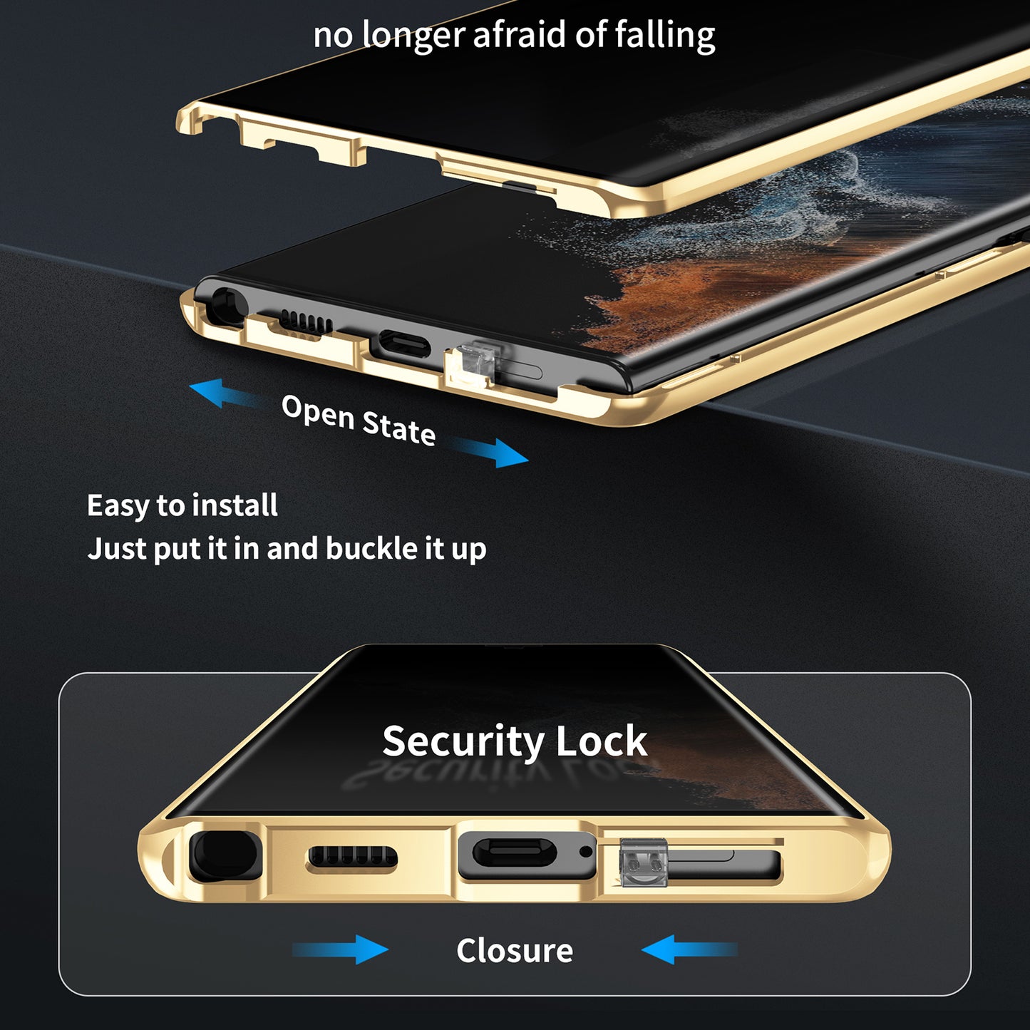 For Samsung Galaxy S23 Ultra Anti-peep Single-Sided Tempered Glass+PC Panel Anti-scratch Phone Cover with Safety Buckle and Magnetic Adsorption Metal Frame