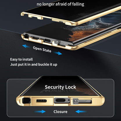 For Samsung Galaxy S23 Ultra Anti-peep Single-Sided Tempered Glass+PC Panel Anti-scratch Phone Cover with Safety Buckle and Magnetic Adsorption Metal Frame