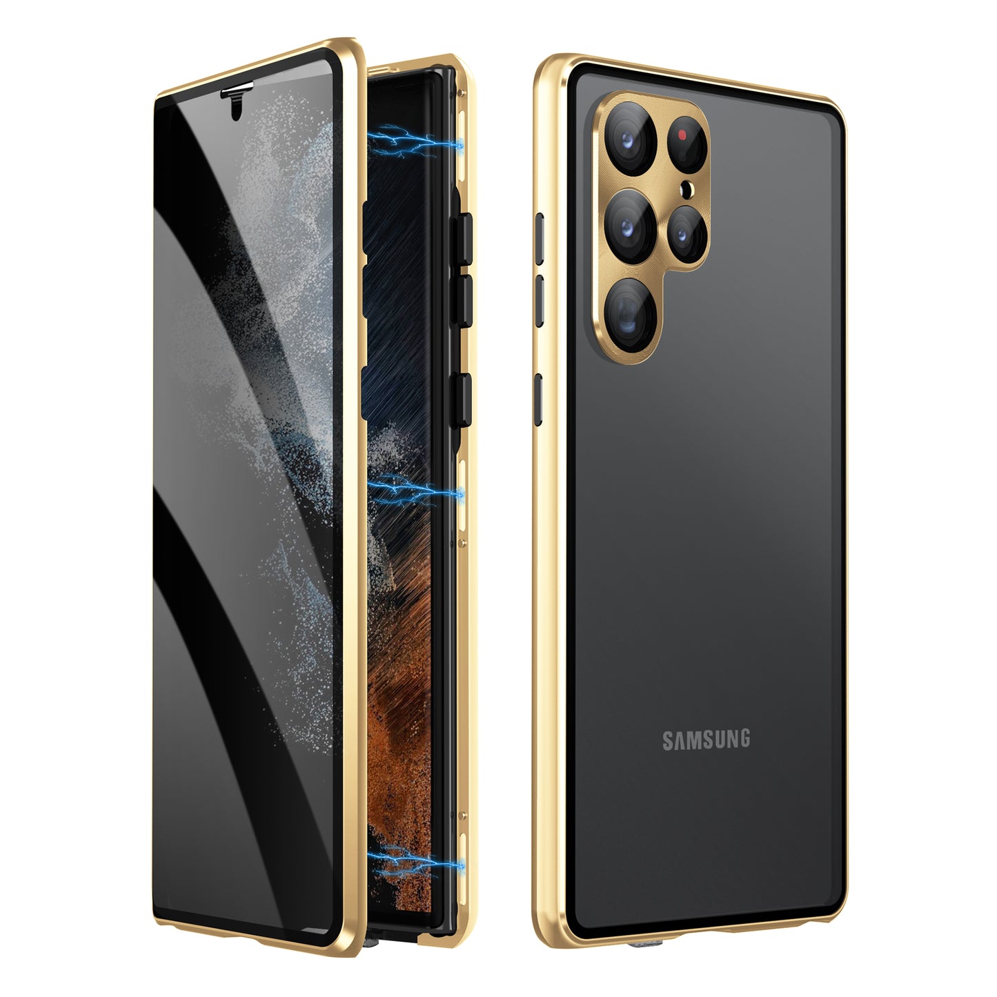 For Samsung Galaxy S23 Ultra Anti-peep Single-Sided Tempered Glass+PC Panel Anti-scratch Phone Cover with Safety Buckle and Magnetic Adsorption Metal Frame