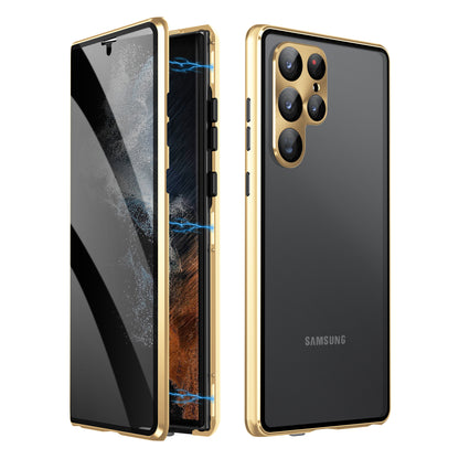 For Samsung Galaxy S23 Ultra Anti-peep Single-Sided Tempered Glass+PC Panel Anti-scratch Phone Cover with Safety Buckle and Magnetic Adsorption Metal Frame